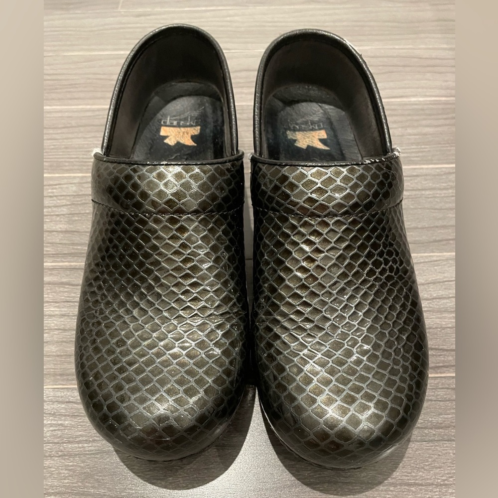 Dansko black & grey slip on clogs; size 37; US 7